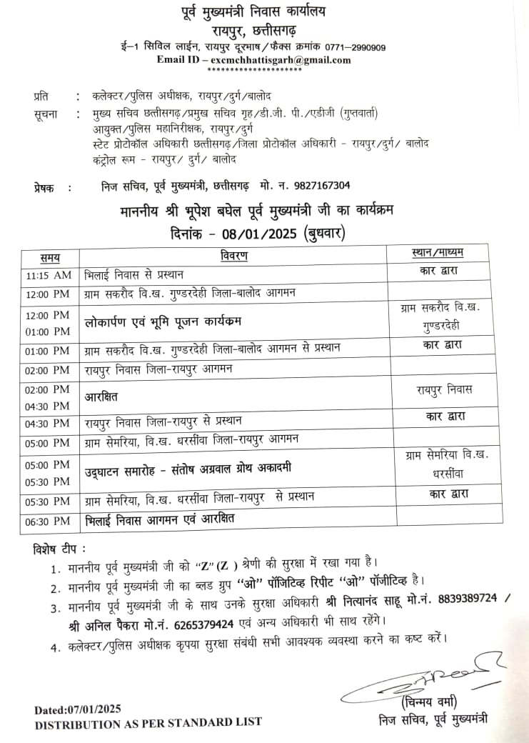 सकरौद में 8 जनवरी को विभिन्न लोकार्पण एवं भूमिपूजन कार्यक्रम में शामिल होंगे पूर्व मुख्यमंत्री भूपेश बघेल, देखिए प्रोटोकॉल…..