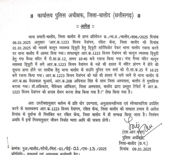 बालोद में ड्यूटी के दौरान नशे में धुत्त पाया जाने वाला आरक्षक हुआ निलंबित, एसपी ने जारी किया आदेश, जानिए पूरा मामला!